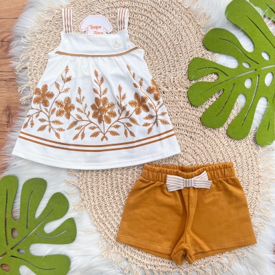 Conj. Batinha Flores e Short com Lacinho - Caramelo e Off White